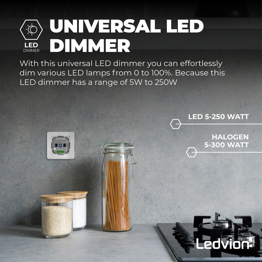 Ledvion Regulador de Intensidad de Luz LED - Circuito alterno >2 dimmers, 1 punto de luz - 5-250W - Corte de fase - Universal