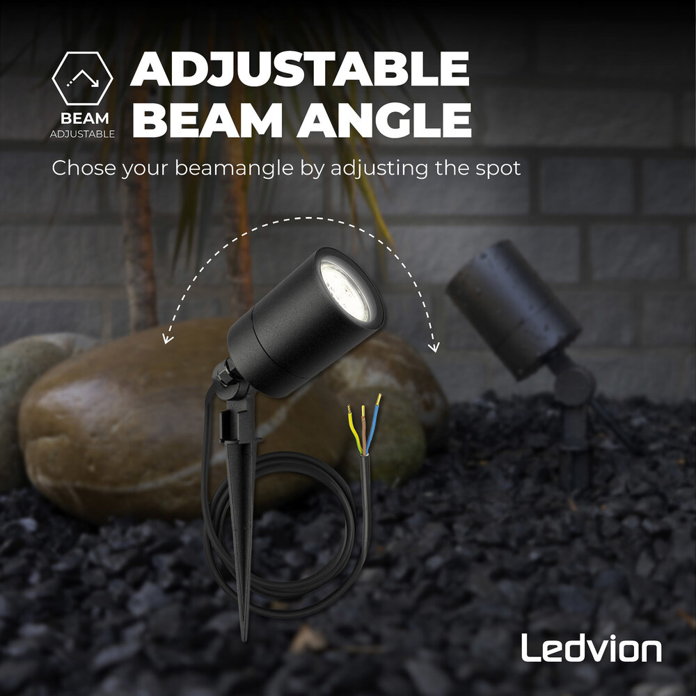 Ledvion IP65 - Foco LED de Exterior con pincho - Aluminio - Cable de 1 metro - Casquillo GU10 - Negro