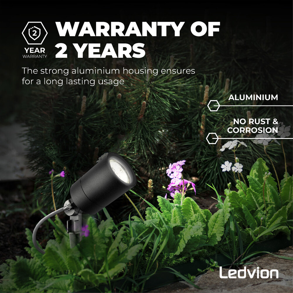 Ledvion IP65 - Foco LED de Exterior con pincho - Aluminio - Cable de 1 metro - Casquillo GU10 - Negro