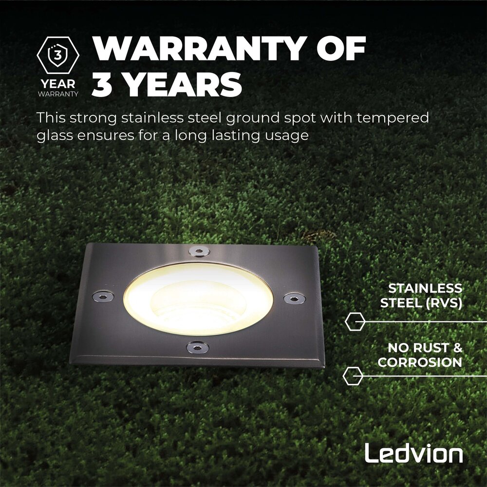 Ledvion 3x Foco LED empotrable de suelo Cuadrado - IP67 - 5W - 2700K - Cable 1M