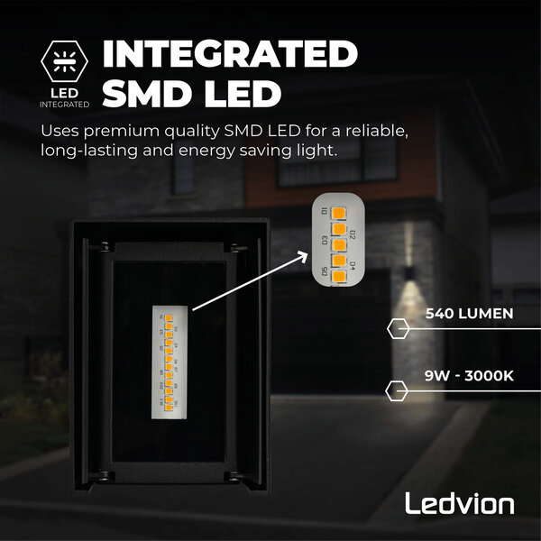 Ledvion Aplique de Pared LED Up & Down Cubo Negro - 3000K - 9W - IP54