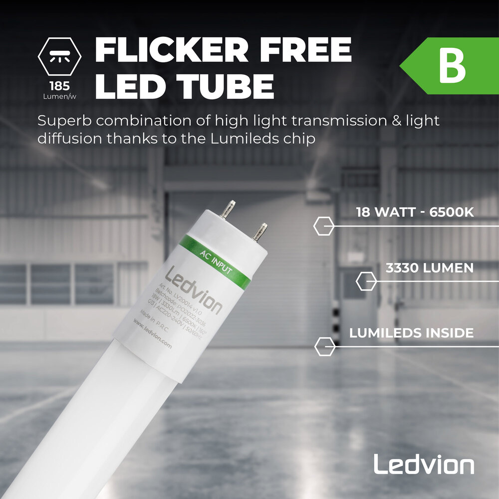 Ledvion Pantalla Estanca LED 120 cm - 18W - 3330 Lumen - 6500K - Alta Eficiencia - Clase B - IP65 - con Tubo LED