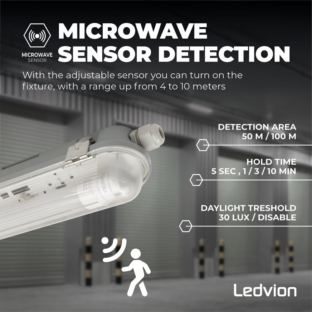 Ledvion Pantalla Estanca LED con Sensor 150 cm - 15W - 4000K - IP65 -  con Tubo LED