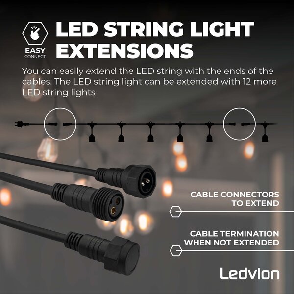 Ledvion Guirnalda de luces LED exterior 10m + cable de conexión 3m - IP65 - Conectable - con 10 bombillas LED