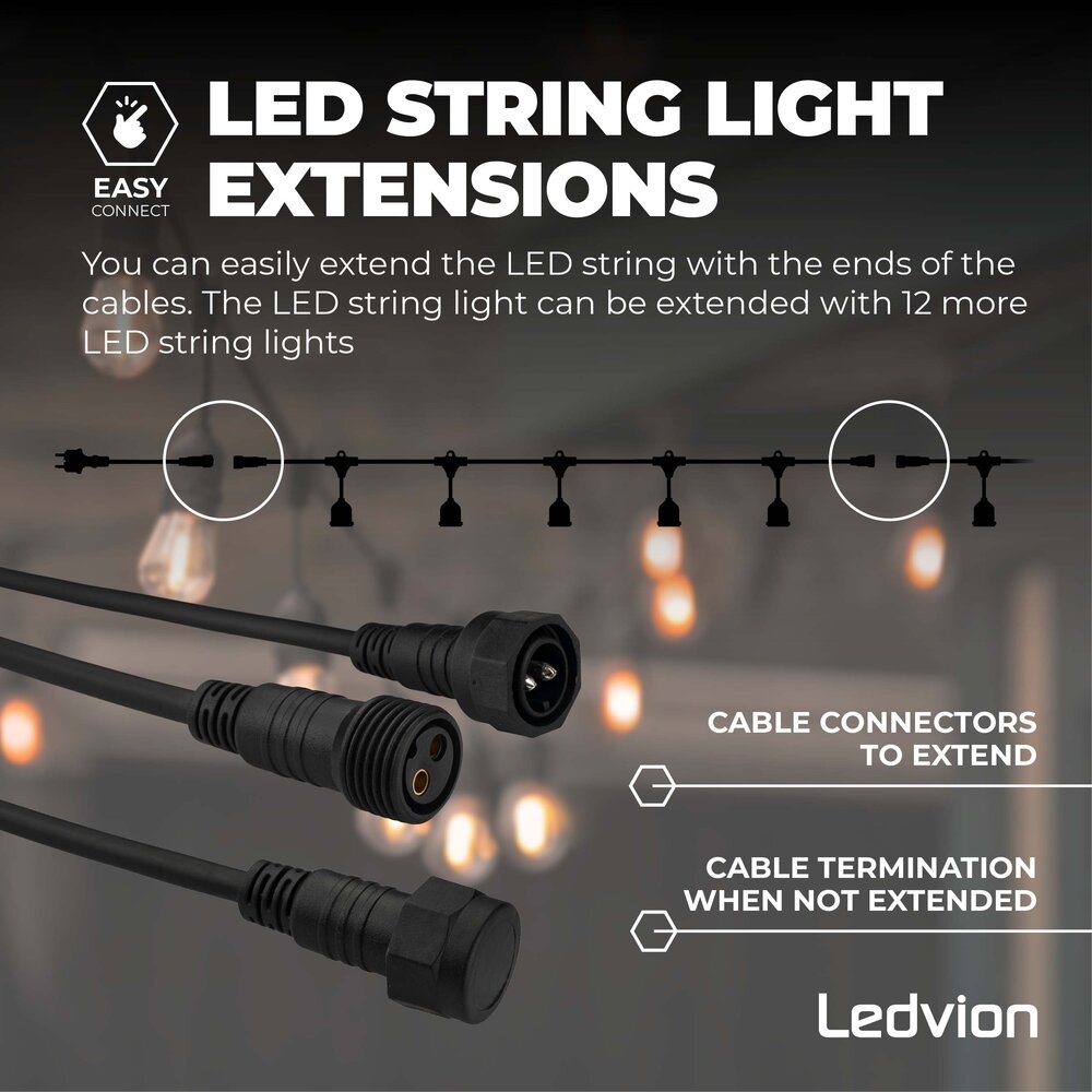 Ledvion Guirnalda de luces LED exterior 20m + cable de conexión 3m - IP65 - Conectable - con 24 bombillas LED
