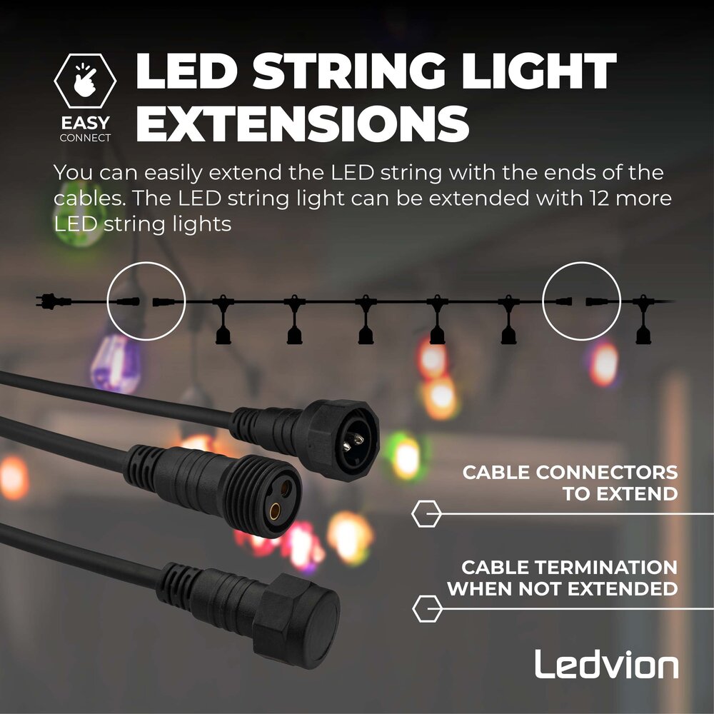 Ledvion Guirnalda de luces LED exterior 10m + cable de conexión 3m - IP65 - Conectable - con 12 bombillas LED