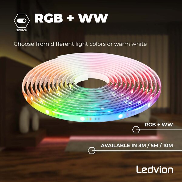 Ledvion Tira LED Regulable - 3 metros - RGB + 3000K - 24V - 9W - Plug & Play