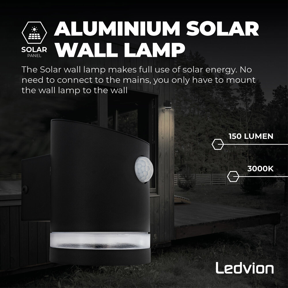Ledvion Aplique de Pared Solar con Sensor Elara - 3000K - 150 Lumen - Negro