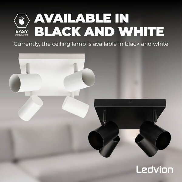 Ledvion Lámpara de techo LED Cuarteto - Inclinable - Casquillo GU10 - Negro