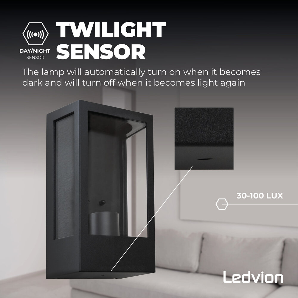 Ledvion Aplique de Pared de Exterior LED con Sensor Crepuscular - Casquillo E27 - IP44 - Negro