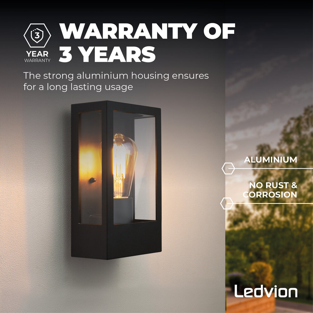 Ledvion Aplique de Pared de Exterior LED con Sensor Crepuscular - Casquillo E27 - IP44 - Negro