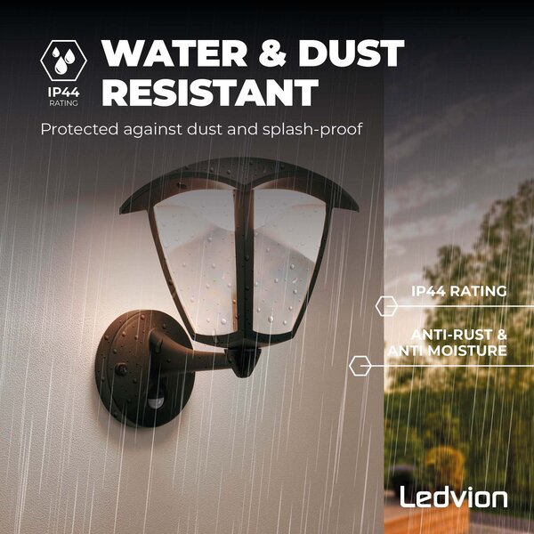 Ledvion Aplique de Pared Exterior con Sensor de movimiento 7W - Negro - Casquillo E27 - 3000K - IP44