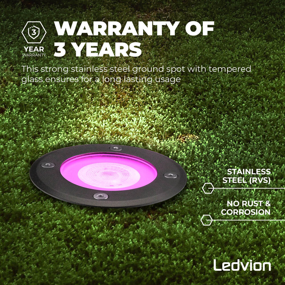 Ledvion 3x Foco LED Inteligente empotrable de suelo LED Redondo IP67 - 4,9W - RGB+CCT - Cable 1m - Negro
