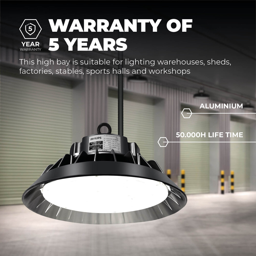 Lámparasonline Campana LED 100W - Philips Driver - 120° - 150lm/W - 6000K - IP65 - Regulable - 5 años de garantía