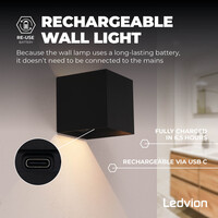 Ledvion USB Aplique de Pared Recargable Negro - Inalámbrico - Batería de 4000 mAh - Adecuado para Interiores y Exteriores
