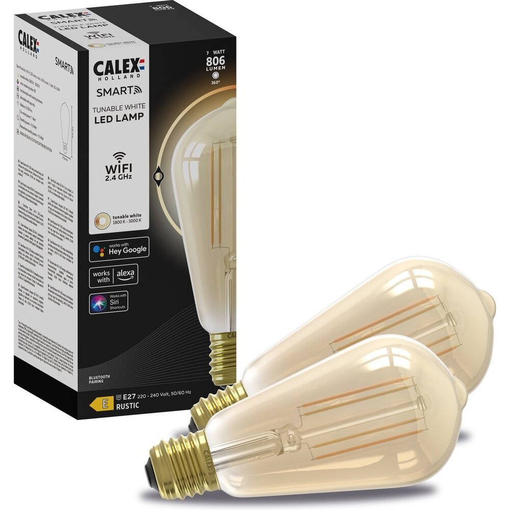 Calex 2x Lámpara de Filamento LED Calex Smart - Oro - Regulable - E27 - 7W - 1800K-3000K