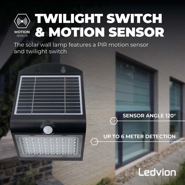 Ledvion Aplique de Pared Solar con Sensor de Movimiento - Negro - 4W - 3000K