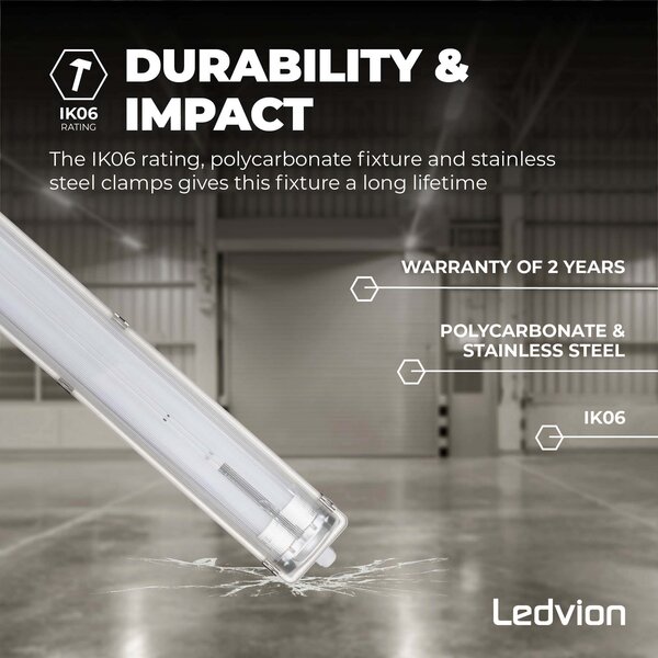 Ledvion Pantalla Estanca LED 60 cm - 2x6.3W - 1100 Lumen - 4000K - Alta Eficiencia - Clase C - IP65 - con dos Tubos LED