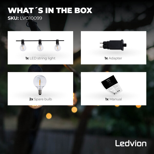Ledvion Guirnalda Luces LED Exterior 42m + Cable de conexión 3m - 12V - con 75 bombillas G40 - Conectable - IP44