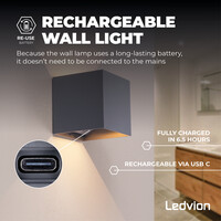 Ledvion USB Aplique de Pared Recargable Antracita - Inalámbrico - Batería de 4000 mAh - Adecuado para Interiores y Exteriores