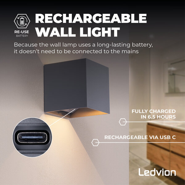 Ledvion Aplique de Pared Exterior Recargable con USB - Sensor de movimiento - Antracita - Batería de 4000mAh - IP44