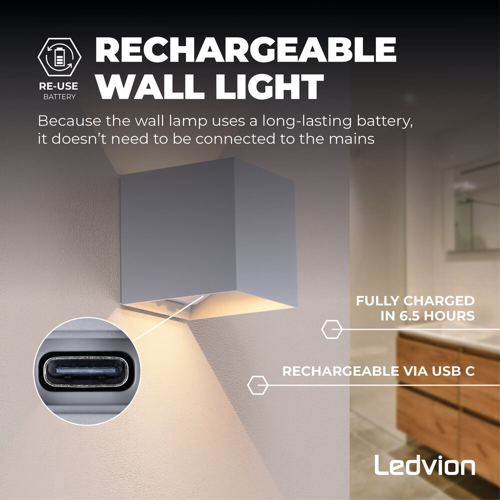 Ledvion USB Aplique de Pared Recargable con Sensor - Gris - IP44 - Inalámbrico - Batería de 4000 mAh - Adecuado para Interiores y Exteriores