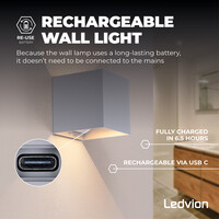 Ledvion USB Aplique de Pared Recargable con Sensor - Gris - IP44 - Inalámbrico - Batería de 4000 mAh - Adecuado para Interiores y Exteriores