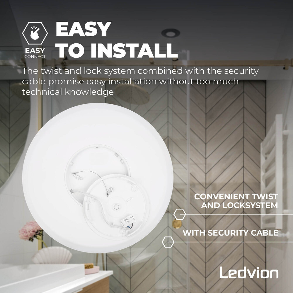 Ledvion Plafón de Baño - 24W - 2040 Lúmenes - Blanco - Ø42 CM - IP44 Estanco - 2700K - Plafón LED