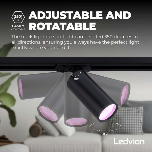 Ledvion 1m Iluminación con rieles LED Inteligente - 3 Focos de Carril - 4,9W - RGB+CCT - Regulable - Monofásico - Negro