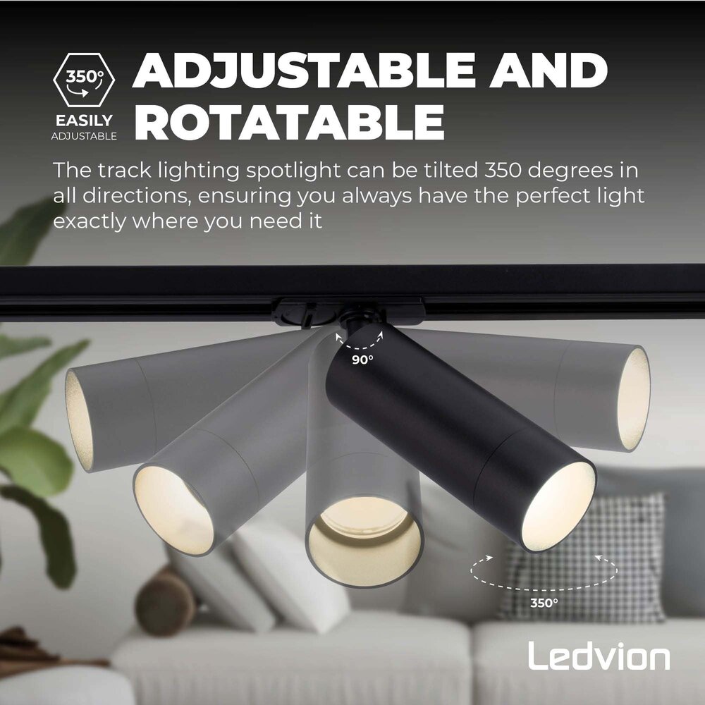 Ledvion 1m Iluminación con rieles LED - 4 Focos de Carril - 5W - 2700K - Regulable - Monofásico - Negro