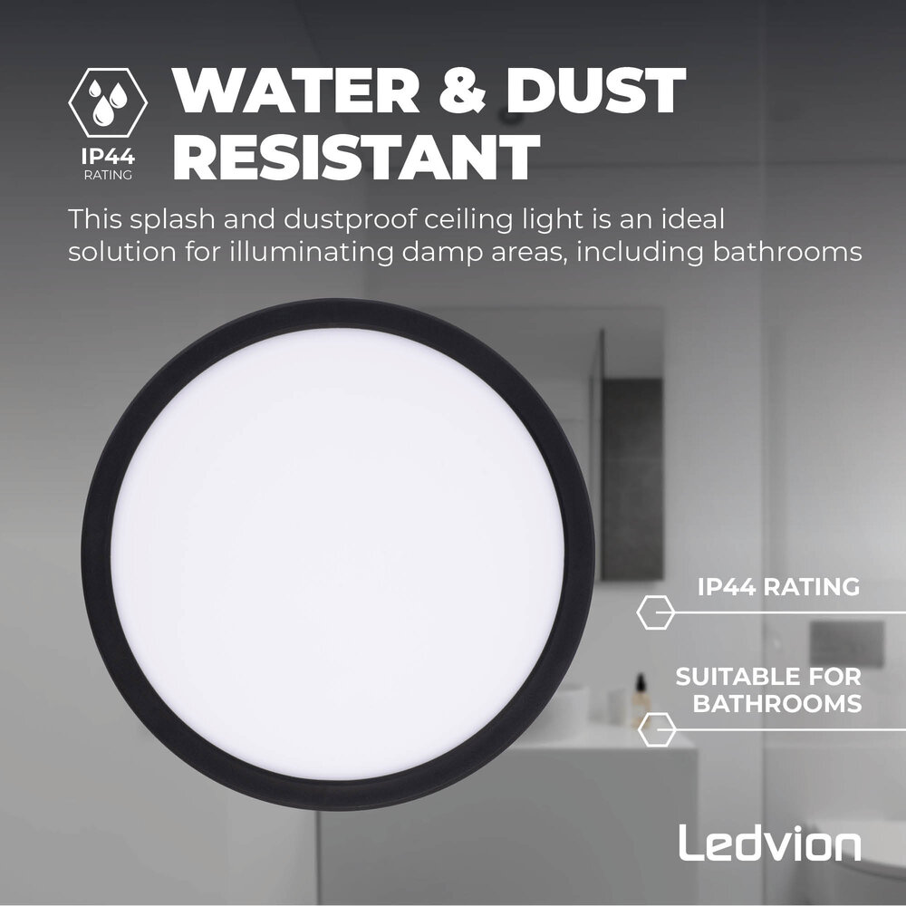 Ledvion Plafón de Baño - 13W - 1130 Lúmenes - Negro - Ø24,4 CM - IP44 Estanco - 2700K - Plafón LED