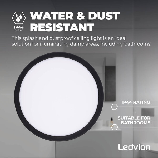 Ledvion Plafón de Baño - 13W - 1130 Lúmenes - Negro - Ø24,4 CM - IP44 Estanco - 2700K - Plafón LED