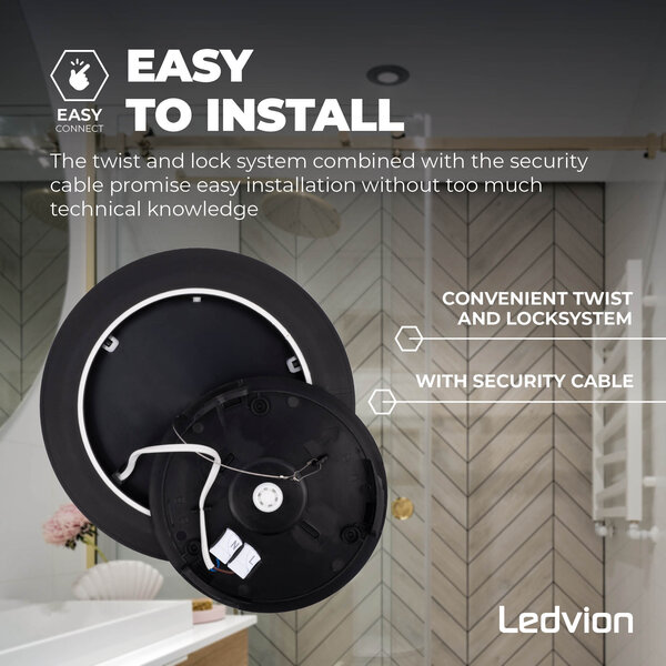 Ledvion Plafón de Baño - 13W - 1130 Lúmenes - Negro - Ø24,4 CM - IP44 Estanco - 2700K - Plafón LED