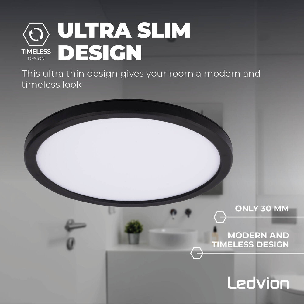 Ledvion Plafón de Baño - 13W - 1130 Lúmenes - Negro - Ø24,4 CM - IP44 Estanco - 2700K - Plafón LED