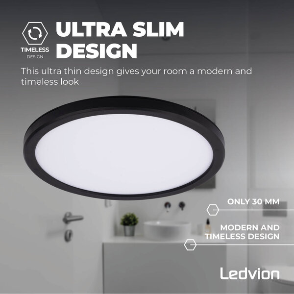 Ledvion Plafón de Baño - 13W - 1130 Lúmenes - Negro - Ø24,4 CM - IP44 Estanco - 2700K - Plafón LED