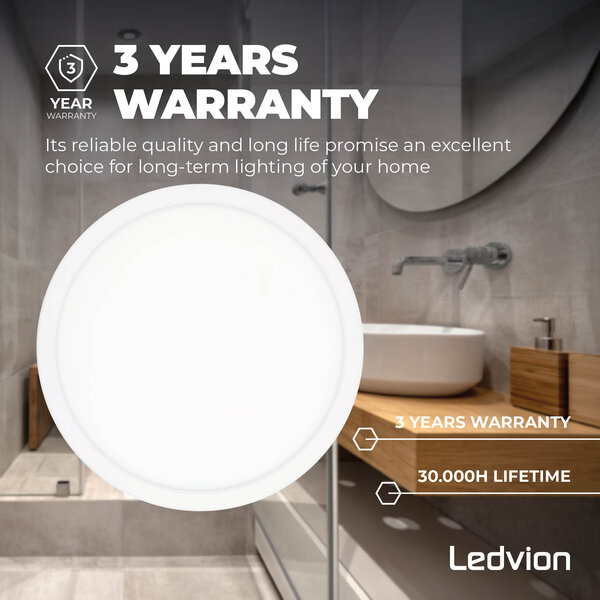 Ledvion Plafón de Baño - 13W - 1560 Lúmenes - Blanco - Ø24,4 CM - IP44 Estanco - 2700K - Plafón LED
