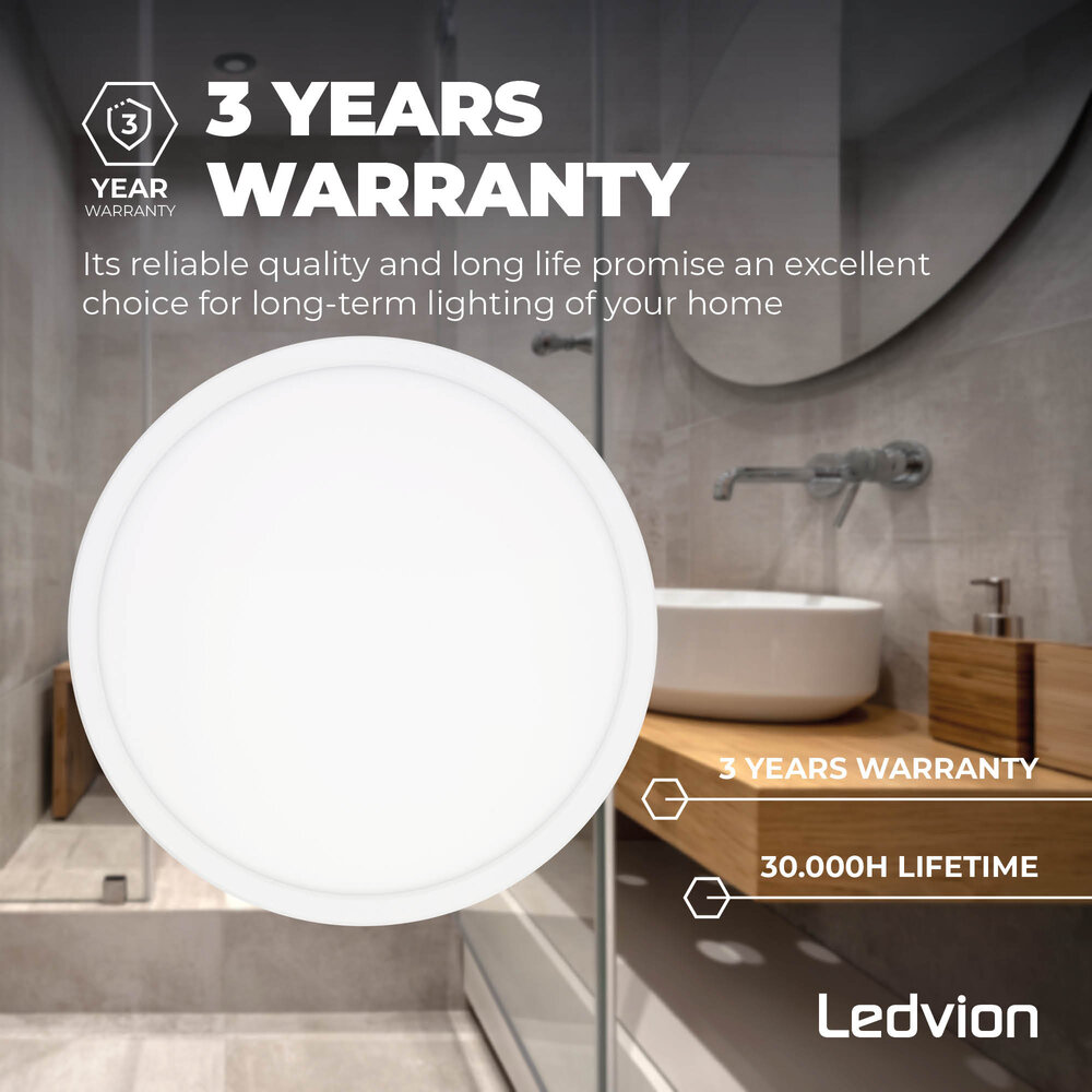 Ledvion Plafón de Baño - 18W - 1620 Lúmenes - Blanco - Ø29 CM - IP44 Estanco - 2700K - Plafón LED