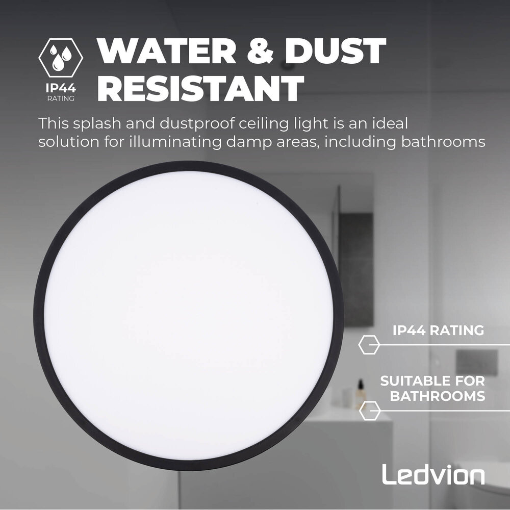 Ledvion Plafón de Baño - 24W - 2040 Lúmenes - Negro - Ø42 CM - IP44 Estanco - 2700K - Plafón LED