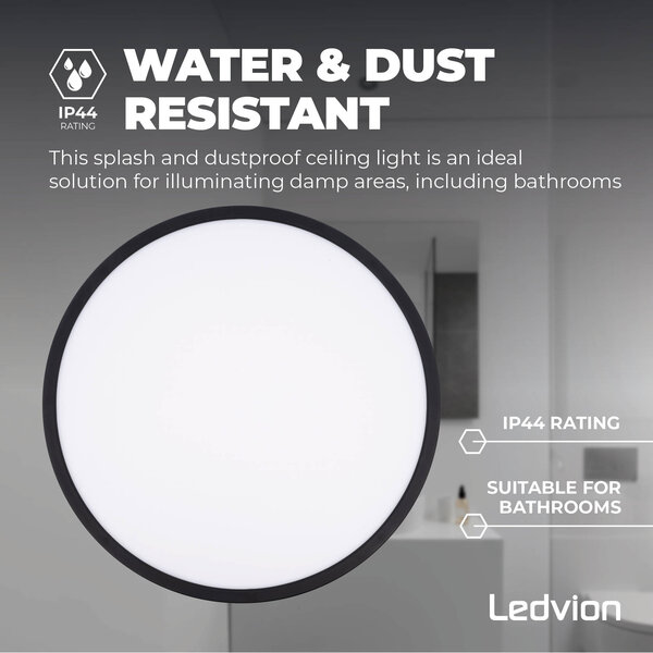 Ledvion Plafón de Baño - 24W - 2040 Lúmenes - Negro - Ø42 CM - IP44 Estanco - 2700K - Plafón LED