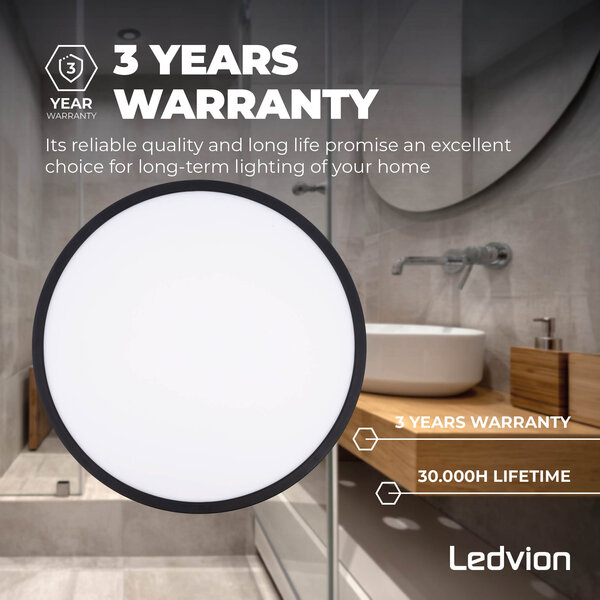 Ledvion Plafón de Baño - 24W - 2040 Lúmenes - Negro - Ø42 CM - IP44 Estanco - 2700K - Plafón LED