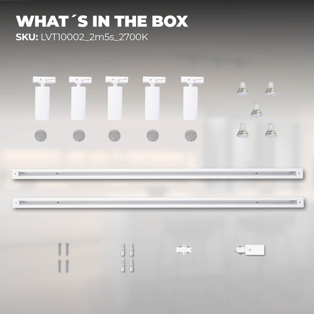 Ledvion 2m Iluminación con rieles LED - 5 Focos de Carril - 3W - 2700K - Regulable - Monofásico - Blanco