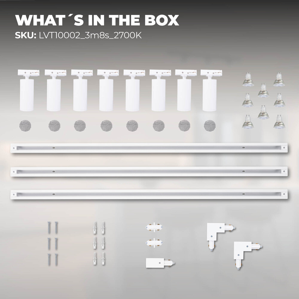 Ledvion 3m Iluminación con rieles LED - 8 Focos de Carril - 3W - 2700K - Regulable - Monofásico - Blanco