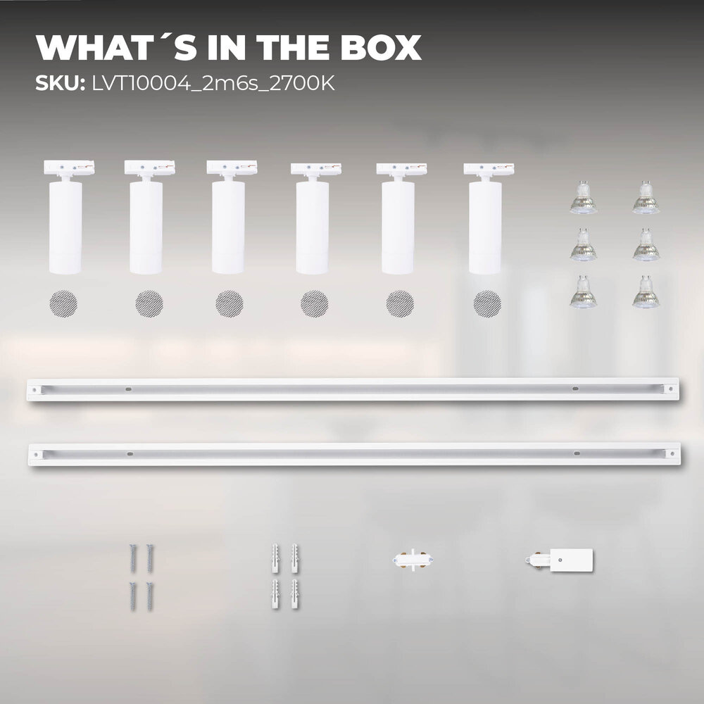 Ledvion 2m Iluminación con rieles LED - 6 Focos de Carril - 3W - 2700K - Regulable - Monofásico - Blanco
