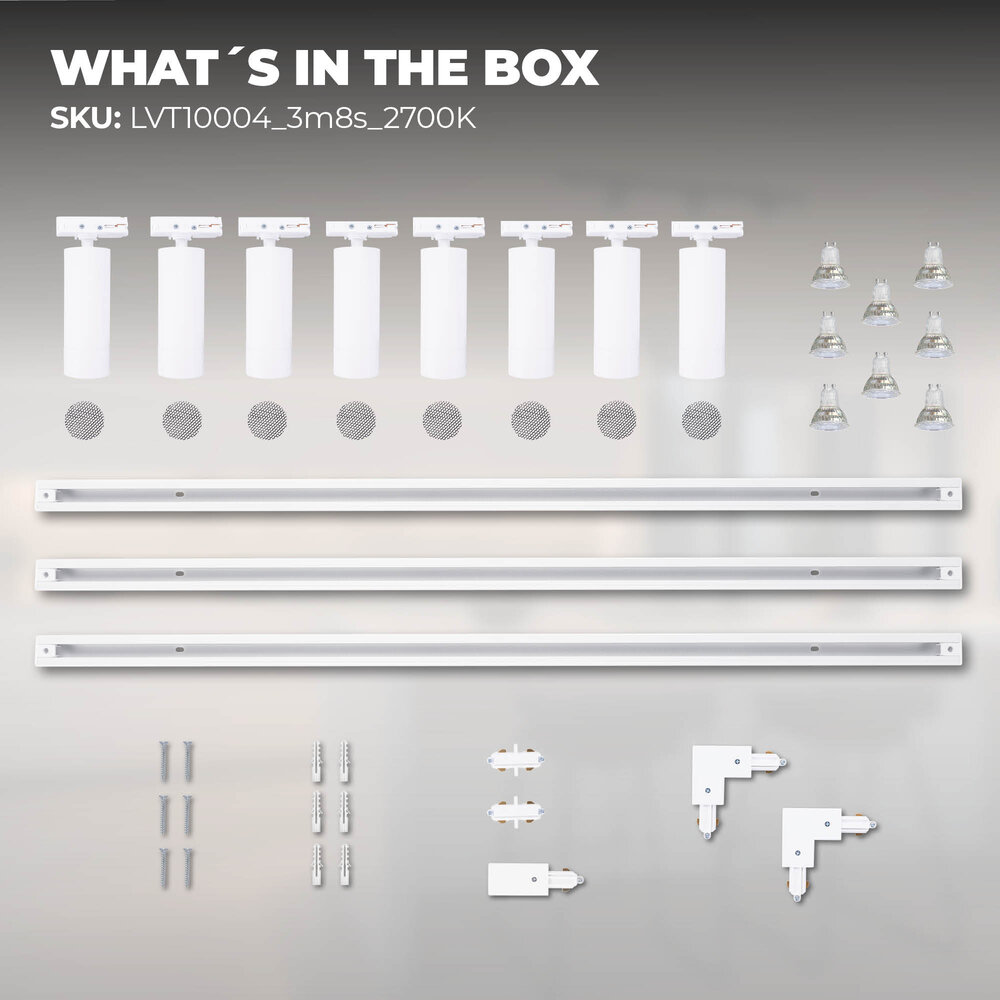 Ledvion 3m Iluminación con rieles LED - 8 Focos de Carril - 3W - 2700K - Regulable - Monofásico - Blanco