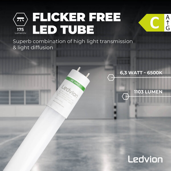 Ledvion Tubo LED 60 cm - 6,3W - 6500K - 175 Lm/W - Alta eficiencia - Clase C - 25 pack