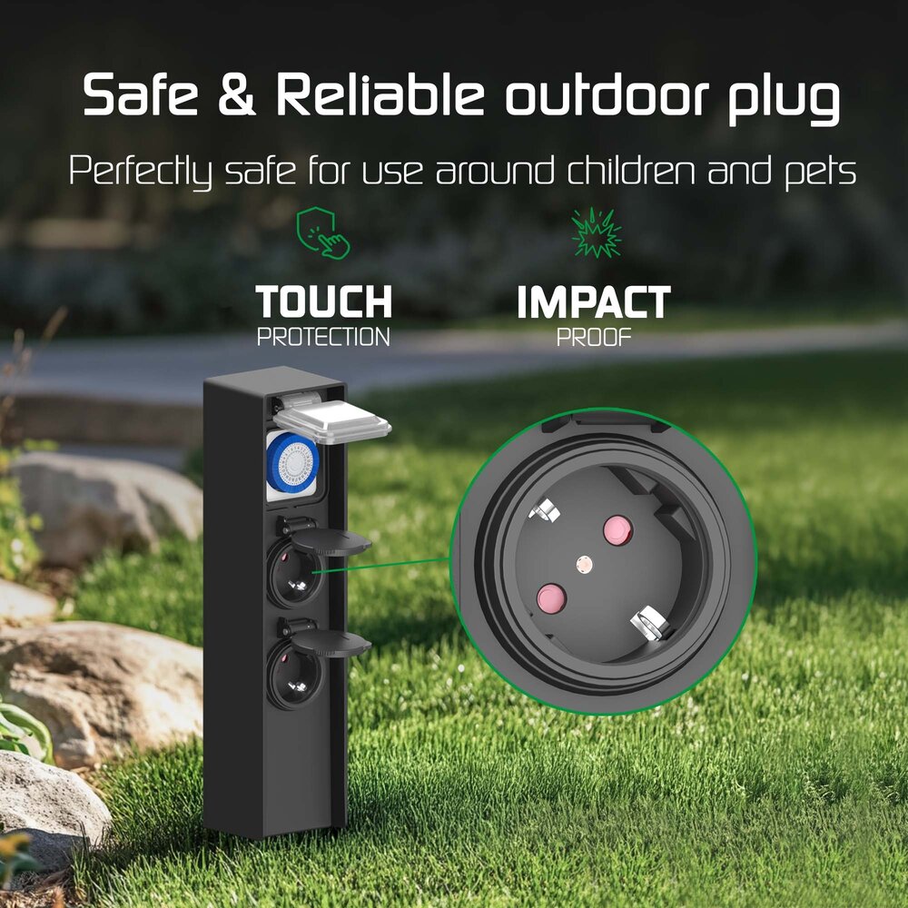 Ledvion Enchufe Exterior Impermeable con Temporizador - 2 Tomas - IP44 - Enchufe de Aluminio para Exterior Estanco