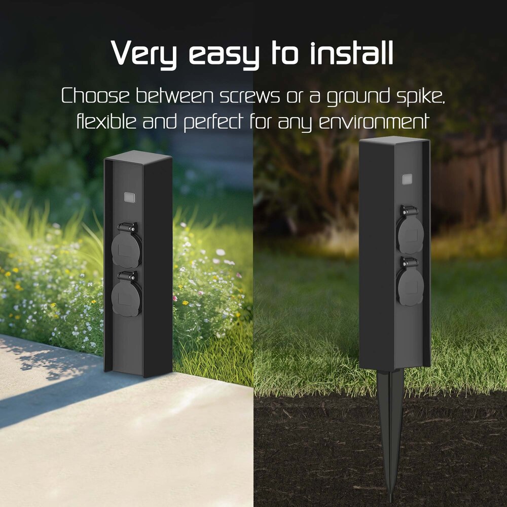 Ledvion Enchufe Exterior Impermeable con Sensor - 2 Tomas - IP44 - Enchufe de Aluminio para Exterior Estanco