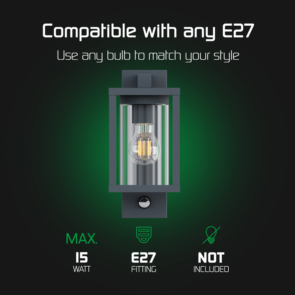 Ledvion Aplique de Pared Exterior con Sensor de Movimiento - IP44 - Casquillo E27 - Antracita