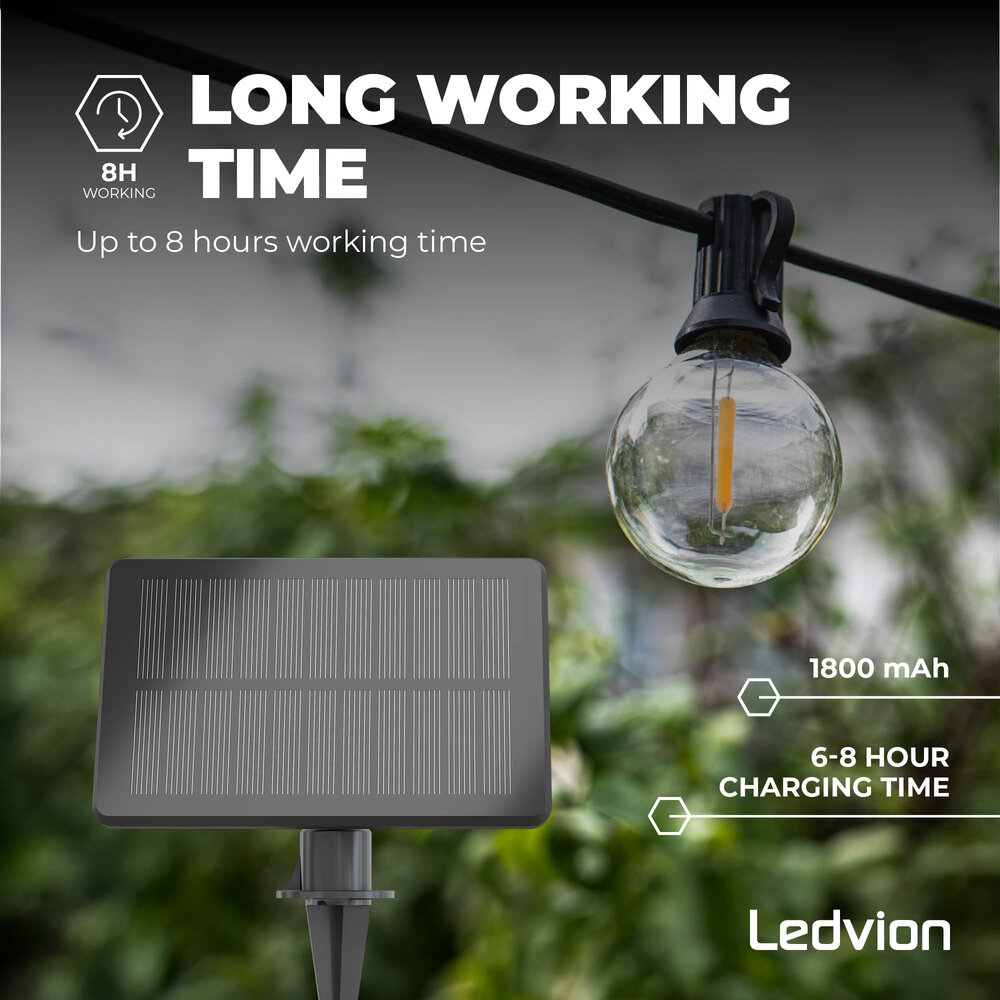 Ledvion Guirnalda Luces LED Solar Exterior 5,5m + Cable de Conexión 3m - 12V - con 10 Bombillas G40 - Conectable - IP44