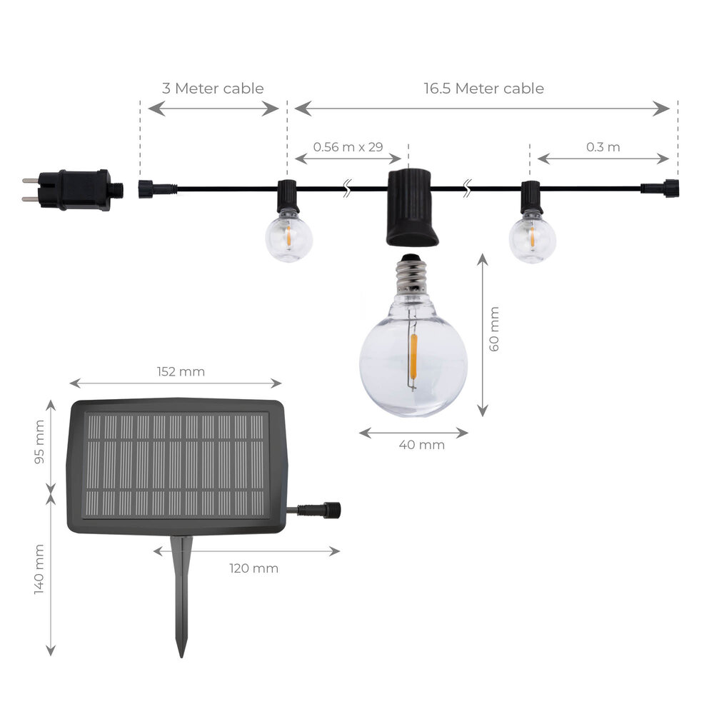 Ledvion Guirnalda Luces LED Solar Exterior 16,5m + Cable de Conexión 3m - 12V - con 30 Bombillas G40 - Conectable - IP44